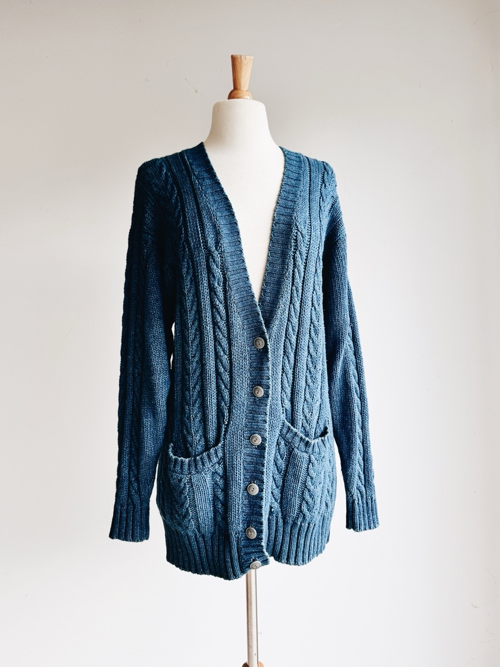 Vintage Lizwear Blue Cable Knit Linen Cotton Long Cardigan Sweater M - Picture 2 of 7